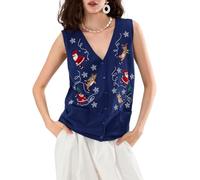LILTWIST Women Sequin Christmas Sweater Vests Blue Funny Santa Skiing Elk Embroidered Button Down Cropped Holiday Knitted Tops Short Sleeve Crew Neck Ugly Xmas Pullover Vest Tops