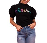 LILTWIST Women Sequin Christmas Sweater Vests Funny Black Santa Letter Embroidery Button Down Cropped Holiday Knitted Tops Short Sleeve Crew Neck Ugly Xmas Pullover Vest Tops