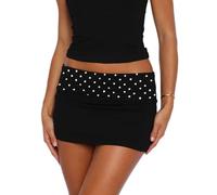 LILTWIST Y2k Black Polka Dot Low Rise Bodycon Mini Skirt for Women Cute Fold Over Going Out Tight Micro Skirts Sexy Skinny Short Pencil Skirts Streetwear