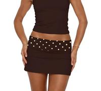 LILTWIST Y2k Brown Polka Dot Low Rise Bodycon Mini Skirt for Women Cute Fold Over Going Out Tight Micro Skirts Sexy Skinny Short Pencil Skirts Streetwear