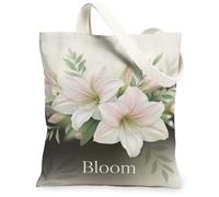 Lily Canvas Tote Bag for Women, Floral Elegant Leaf Bud Spring White Washable Reusable Small Tote Bag Ideas for Shopping Trips Office Library Casual 13x15 Inch