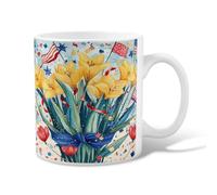 Lily Ceramic Coffee Mug, Festive Colorful Ribbon Stars Independence Day Yellow Novelty Tea Mug with Handle Ideal for Friends Family Lovers Eldership Senior Co-Worker 11 Oz