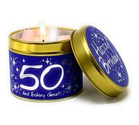 Lily Flame 'Happy Birthday 50' Tin Candle - Contented Powdery Floral Scent in Regal Blue and Silver - Cruelty Free and Vegan Friendly