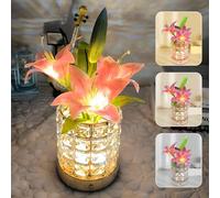 Lily Flower Lamps, Rechargeable Cordless Small Desk Lamp, 3 Colors Dimmable Artificial Flowers Night Light, Fake Bouquet 3 Lilies with Crystal Vase for Home Date Party Decoration (Pink - Lily)
