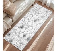 Lily Flower Runner Rug, Floral Leaf Black And White Kitchen Rug 65x242cm, Non-Slip Washable Low Pile Carpet For Bedroom Entrance Laundry Room Hallway