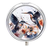 Lily Flowers Birds Metal Pill Organizer, 3 Compartment Waterproof Pill Case with Mirror for Purse Pocket Bag, Daily Medicine Vitamin Holder, Portable Travel Med Container(Round)
