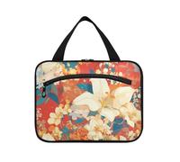 Lily Flowers Orange Background Japanese Woodblock Prints hanging mens toiletry bag with hook, designer portable toiletries bag for traveler trip bolsos para hombre M, lily flowers orange background