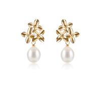 Lily Luster 14K Gold Plated 925 Sterling Silver Stud Earrings Handpicked AAAA Quality Natural White Freshwater Cultured Pearl Dangle Flower Earrings for Women Rounded and Flat Pearls, 14k Gold Plated