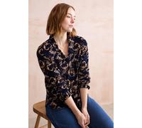 Lily & Me Women's Kit Foliage Print Soft Cotton Pincord Blouse with Ruffle Neckline in Navy | Size: 14 Lily & Me Navy 14