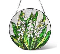 Lily of the Valley Flowers Stained Glass Window Hanging,May Birth Flower Suncatcher Garden Decor Birthday Gifts,Sun Catcher Home Decoration for Bedroom Kitchen Windows,Christmas 20cm