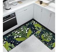 Lily Of The Valley Leaves Kitchen Rug Set 2 Piece with Green Non Slip Machine Washable Kitchen Mats for Floor Natural Plant Breeze Kitchens Floor Mat Carpet Runner Rugs for Laundry Holiday Decor