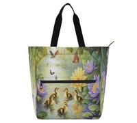 Lily - Pond Lullaby Ducklings and Butterflies' Enchantment Book Bag Art Tote Bag for Boys Girls Adults Large Library Book Tote Bag Shoulder Bag with Pockets for School Work Travel Rainbow