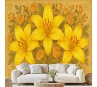 Lily Rose Bloom Wall Mural Retro Floral Leaves Self Adhesive Wallpaper 450x315 cm Natural Flowers Mural Non-Woven Wall Art for Bedroom Living Room Home Decor xE47f