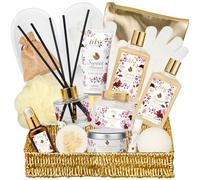 LILY ROY - Pack of 17 Spa Gift Baskets for Women: Shower Gel, Bubble Bath, Body Cream, Diffuser, Soy Candle, Jojoba Oil, Bath Pump, Bath Salt, Steam Shower, Balm