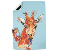 Lily Tangerine exclusive and unique 100% cotton tea towel. Bright, fun and colourful animal and floral prints. Made in the UK. 70x50 cm approx. Includes diagonal hanging loop. (Giraffe)