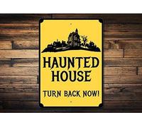 Lilyanaen New Metal Sign Aluminum Sign Haunted House Sign Haunted House Decor Haunted House Gift Spooky House Sign Turn Back Now Sign Halloween Sign for Outdoor & Indoor 12" x 8"