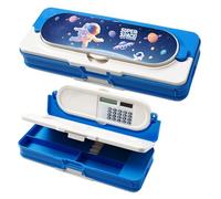 LilyBeauty Multifunctional Pencil Case for Girls, Plastic Pencil Box with Calculator, Sharpener and Drawer, Cute Cartoon Pen Box Organizer Stationery, Best Birthday Gifts for Kids Teens (Blue)