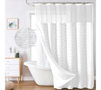 LilyCat Boho White Fabric Shower Curtain,Hotel Grade Shower Curtains with Snap-in Fabric Liner Set for Bathroom, Tufted Chevron Striped Farmhouse Shower Curtain with See Through Top Window, 72x72