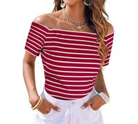 LilyCoco Off The Shoulder Tops for Women Striped Short Sleeve Sexy Going Out Top, Big Red Stripe, M