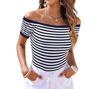 LilyCoco Off The Shoulder Tops for Women Striped Short Sleeve Sexy Going Out Top, Contrast Navy, S