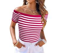 LilyCoco Off The Shoulder Tops for Women Striped Short Sleeve Sexy Going Out Top, Redstripes, XL