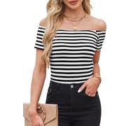 LilyCoco Striped Off The Shoulder Tops for Women Short Sleeve Sexy Fitted Pirate Shirt, A-stripe, XL
