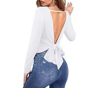 LilyCoco Womens Backless Long Sleeve Top Boat Neck Sexy Tie Back Shirt Solid Tee, White, L