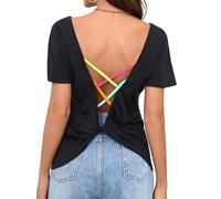 LilyCoco Womens Backless Top V Neck Criss Cross Shirts, Colorful Ribbons, M