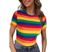 LilyCoco Womens Rainbow Striped Shirt Short Sleeve Colorblock Tops Crew Neck Fitted Tshirts, Rainbow Striped, S