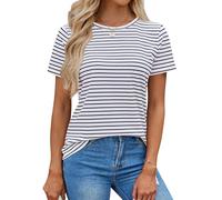 LilyCoco Women's Short Sleeve Striped Shirt Summer Crewneck T Shirt Basic Tops, A-navy White, L