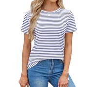 LilyCoco Women's Short Sleeve Striped Shirt Summer Crewneck T Shirt Basic Tops, Blue & White, M