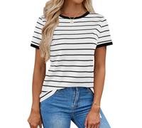 LilyCoco Women's Short Sleeve Striped Shirt Summer Crewneck T Shirt Basic Tops, Colorblock White, M