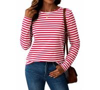 LilyCoco Womens Striped Long Sleeve Shirt Boat Neck Tops Breton Loose Fit Tshirt, B-red White, XL