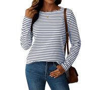 LilyCoco Womens Striped Long Sleeve Shirt Boat Neck Tops Breton Loose Fit Tshirt, Navy White, S