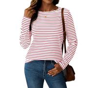 LilyCoco Womens Striped Long Sleeve Shirt Boat Neck Tops Breton Loose fit Tshirt, Red White, XL