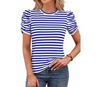 LilyCoco Womens Striped Puff Sleeve T Shirt Breton Crewneck Shirt Loose Fit Tee, Royal Blue Striped, XXL