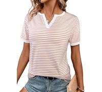 LilyCoco Women's Striped Shirt Short Sleeve Color Block Tops Notched Neck Summer Tee, Brown White, M