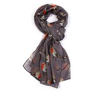 LilyRosa Grey Robin Scarf, White Blue Red Robins Bird Scarves Shawl Wrap (Dark Grey)