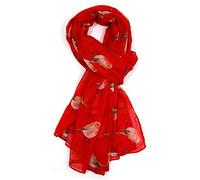 LilyRosa Grey Robin Scarf, White Blue Red Robins Bird Scarves Shawl Wrap (Red)