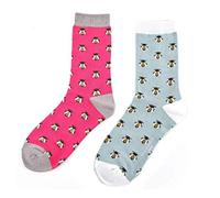 LilyRosa® Ladies Bee Socks Crew Mid Calf Pink Blue Bees Girls Mix Bee Two Pairs