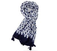 LilyRosa® White Geometric Scarf Blue Grey Mustard Yellow Pink Pattern Wrap Tassel Scarves (Blue Tassel)