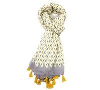 LilyRosa® White Geometric Scarf Blue Grey Mustard Yellow Pink Pattern Wrap Tassel Scarves (Yellow Tassel)