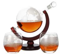 Lily's Home 850ml World Globe Whiskey Decanter with Dark Finished Wood Stand Two Whiskey Glasses and Bar Funnel. Scotch Decanter