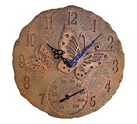 Lily's Home Hanging Wall Clock, Includes a Thermometer, Ideal for Indoor and Outdoor Use, Wonderful Housewarming Gift for Friends, or for Any Butterflies Lovers, Polyresin