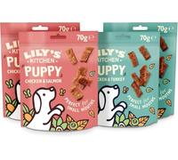Lilys Kitchen Dog Treat Bundle, 2 x 70g Puppy Dog Treats Chicken with Turkey Nibbles Grain-Free Recipe 2 x 70g Puppy Dog Treats Chicken & Salmon Nibbles.