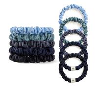 LILYSILK 100% Pure Silk Thin Hair Scrunchies Ponytail Ties Elastic For Women Soft Mulberry Silk Hair Care for Frizz Prevention Pack of 5, Ice Blue+Haze Blue+Lake Blue+Dark Blue+Midnight Blue
