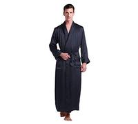 LilySilk Men's Navy Blue Silk Dressing Gown Kimono Robe Long 22 Momme Pure Mulberry Silk Size 40/L
