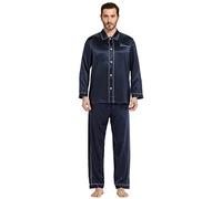 LilySilk Mens Silk Pyjama Set 22MM Pure Silk Sleepwear with Long Sleeve Blouse and Pants Pj Set Luxury Loungewear Black Blue White Red Nightwear for All Season(Navy Blue,XL)