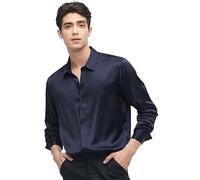 LilySilk Mens Silk Shirt 100% Mulberry Silk Classic Long Sleeves Basic Top with Button Closure for Formal Business Casual Everyday Wear(Navy Blue,L)