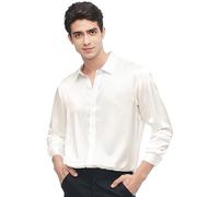 LilySilk Mens Silk Shirt 100% Mulberry Silk Classic Long Sleeves Basic Top with Button Closure for Formal Business Casual Everyday Wear(Natural White,L)